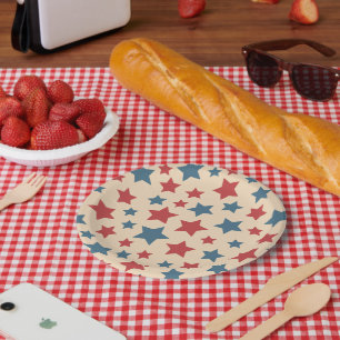 Red and Blue Stars, 4th of July, Beige Background Paper Plates