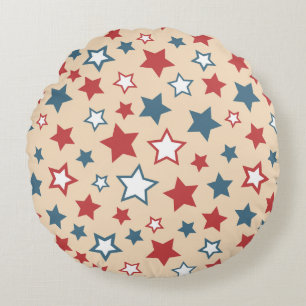 Red and Blue Stars, 4th of July, Beige Background Round Pillow