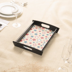 Red and Blue Stars, 4th of July, Beige Background Serving Tray