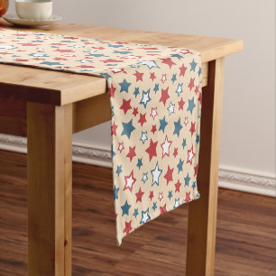 Red and Blue Stars, 4th of July, Beige Background Short Table Runner