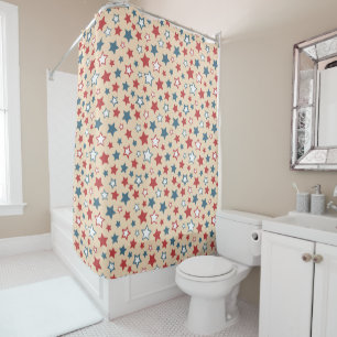 Red and Blue Stars, 4th of July, Beige Background Shower Curtain