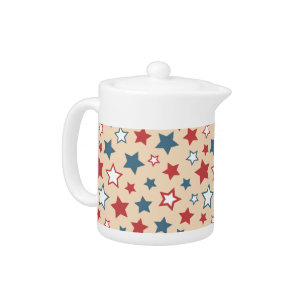 Red and Blue Stars, 4th of July, Beige Background Teapot