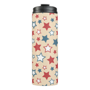 Red and Blue Stars, 4th of July, Beige Background Thermal Tumbler