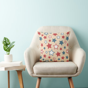 Red and Blue Stars, 4th of July, Beige Background Throw Pillow