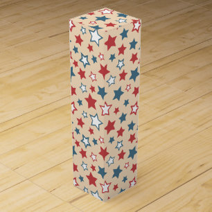 Red and Blue Stars, 4th of July, Beige Background Wine Box