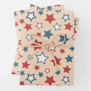 Red and Blue Stars, 4th of July, Beige Background Wrapping Paper Sheets