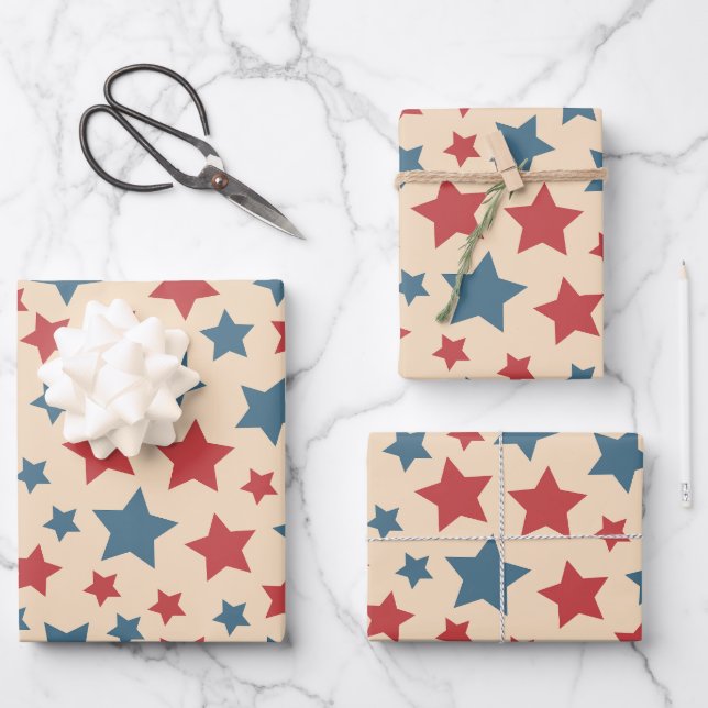 Red and Blue Stars, 4th of July, Beige Background Wrapping Paper Sheets (Front)