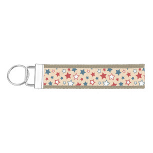 Red and Blue Stars, 4th of July, Beige Background Wrist Keychain