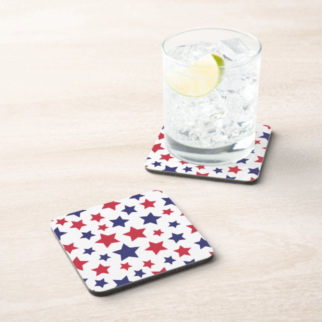 Red and Blue Stars, 4th of July, White Background Beverage Coaster (Right Side)