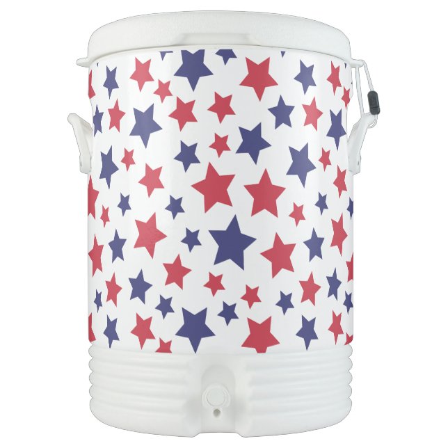Red and Blue Stars, 4th of July, White Background Beverage Cooler (Front)