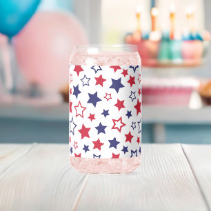 Red and Blue Stars, 4th of July, White Background Can Glass