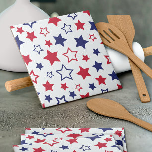 Red and Blue Stars, 4th of July, White Background Ceramic Tile