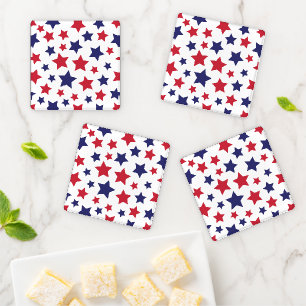 Red and Blue Stars, 4th of July, White Background Coaster Set