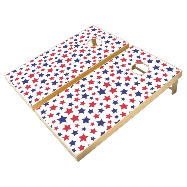 Red and Blue Stars, 4th of July, White Background Cornhole Set (Angled)