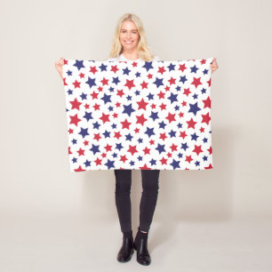 Red and Blue Stars, 4th of July, White Background Fleece Blanket