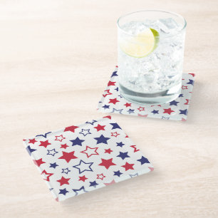Red and Blue Stars, 4th of July, White Background Glass Coaster