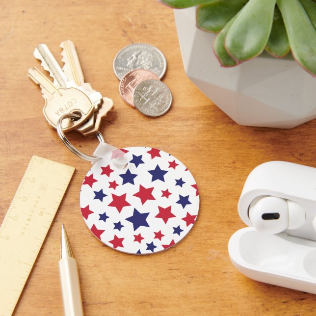 Red and Blue Stars, 4th of July, White Background Keychain (Desk)
