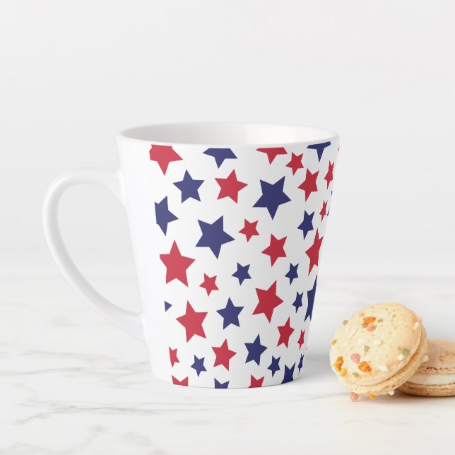 Red and Blue Stars, 4th of July, White Background Latte Mug (In Situ)