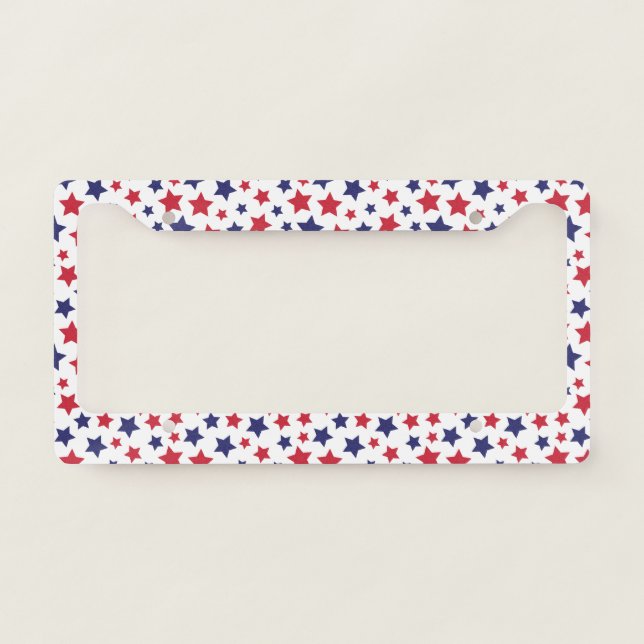 Red and Blue Stars, 4th of July, White Background License Plate Frame (Front)