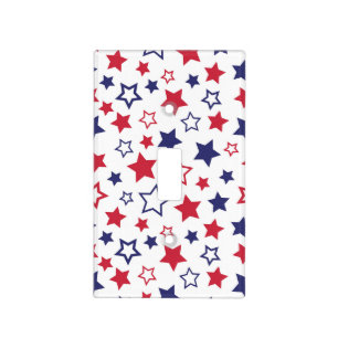Red and Blue Stars, 4th of July, White Background Light Switch Cover