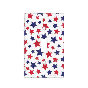 Red and Blue Stars, 4th of July, White Background Light Switch Cover