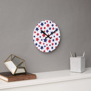 Red and Blue Stars, 4th of July, White Background Round Clock