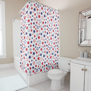 Red and Blue Stars, 4th of July, White Background Shower Curtain