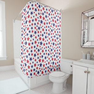 Red and Blue Stars, 4th of July, White Background Shower Curtain