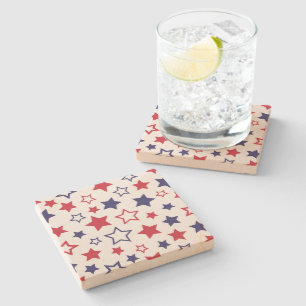 Red and Blue Stars, 4th of July, White Background Stone Coaster