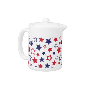 Red and Blue Stars, 4th of July, White Background Teapot