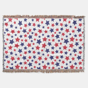 Red and Blue Stars, 4th of July, White Background Throw Blanket