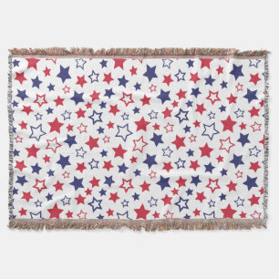 Red and Blue Stars, 4th of July, White Background Throw Blanket