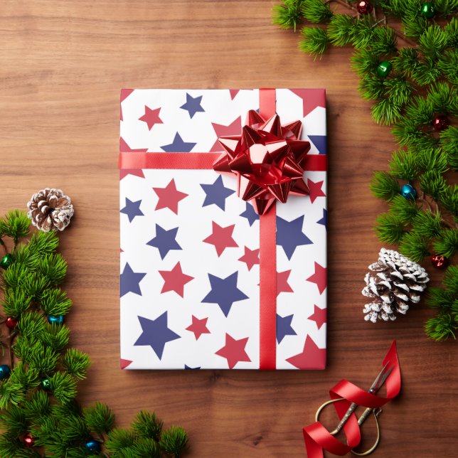 Red and Blue Stars, 4th of July, White Background Wrapping Paper (Holiday Gift)