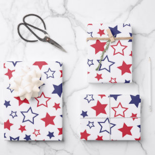 Red and Blue Stars, 4th of July, White Background Wrapping Paper Sheets
