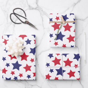 Red and Blue Stars, 4th of July, White Background Wrapping Paper Sheets