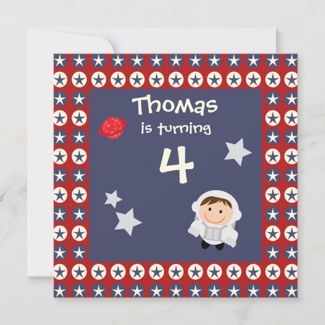 Red and Blue Stars Astronaut Birthday Party Invite (Front)