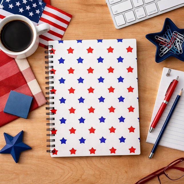 Red and Blue Stars Patriotic Pattern Notebook (A notebook with a red and blue star pattern on a white background.)