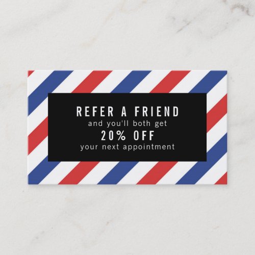Red and blue stripe barber referral card