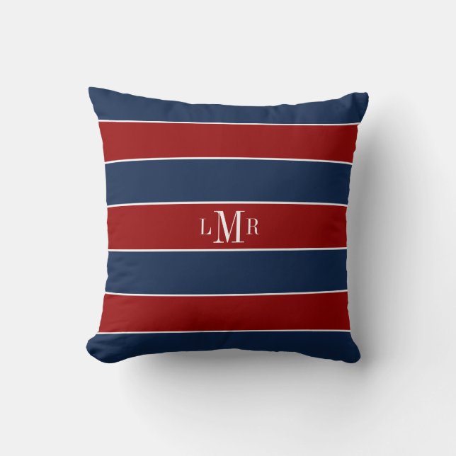 Red and Blue Stripes and Monogram Throw Pillow (Front)