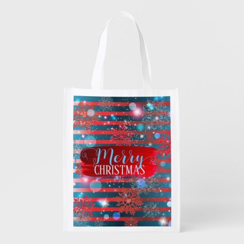 Red And Blue Stripes Snowflakes Sparkles  Lights Grocery Bag
