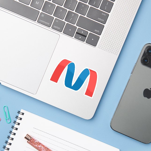 Red and Blue Stylized Bold Geometric Letter M Sticker (Laptop w/ iPhone)