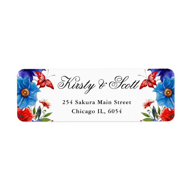 Red and Blue Summer Flowers address Label (Front)