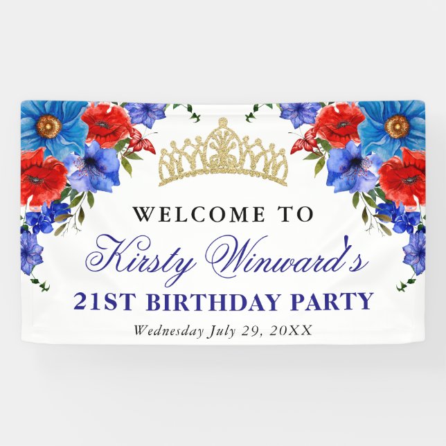 Red and Blue Summer Flowers Birthday Banner (Horizontal)