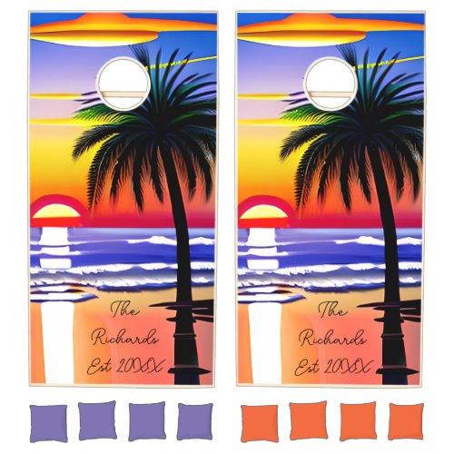 Red and Blue Sunset Romantic Personalized Cornhole Set