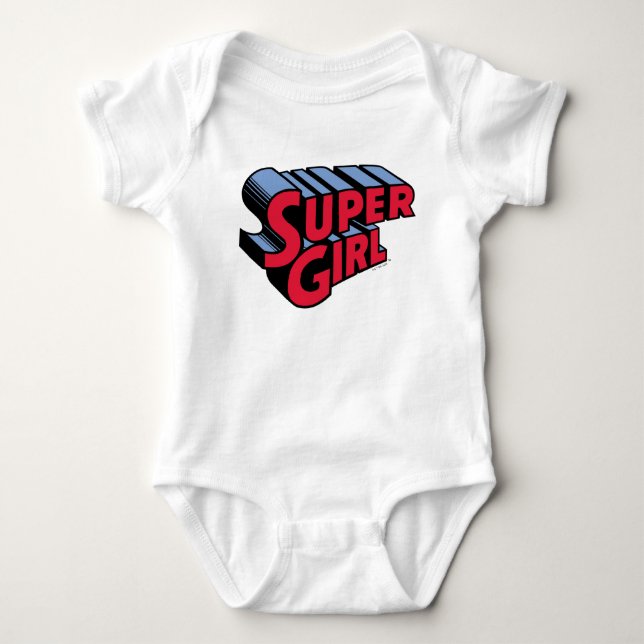 Red and Blue Supergirl Stacked Name Logo Baby Bodysuit (Front)