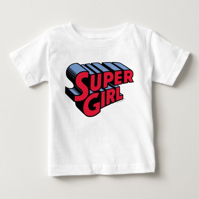 Red and Blue Supergirl Stacked Name Logo Baby T-Shirt (Front)