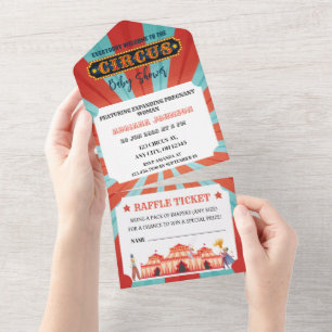 Red And Blue Ticket Circus Baby Shower All In One Invitation