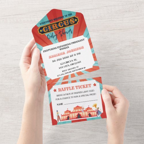 Red And Blue Ticket  Circus  Baby Shower All In One Invitation