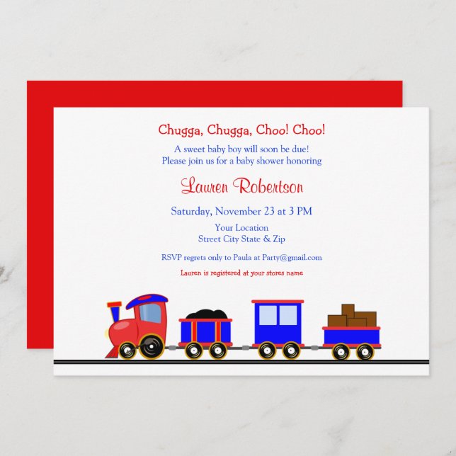 Red and Blue Train Baby Shower Invitation (Front/Back)