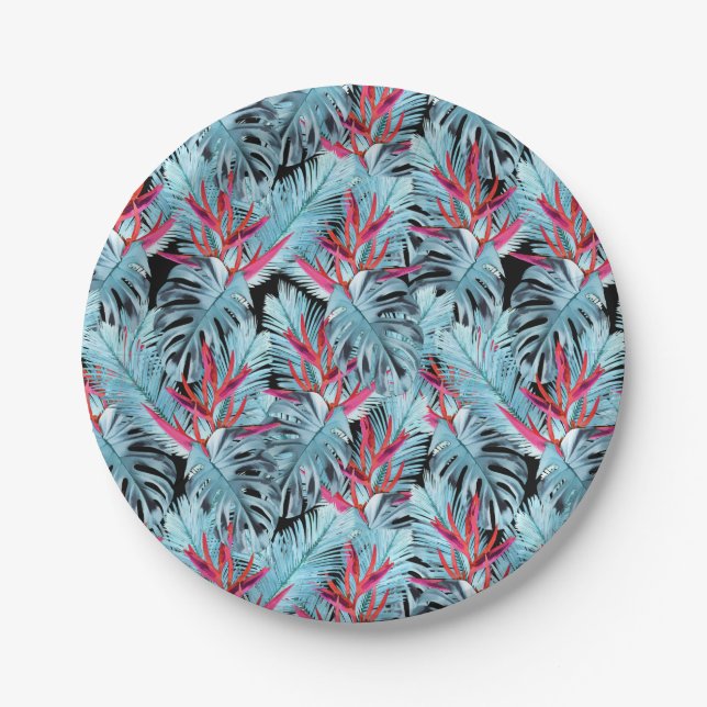 Red and blue tropical plants journal paper plates (Front)